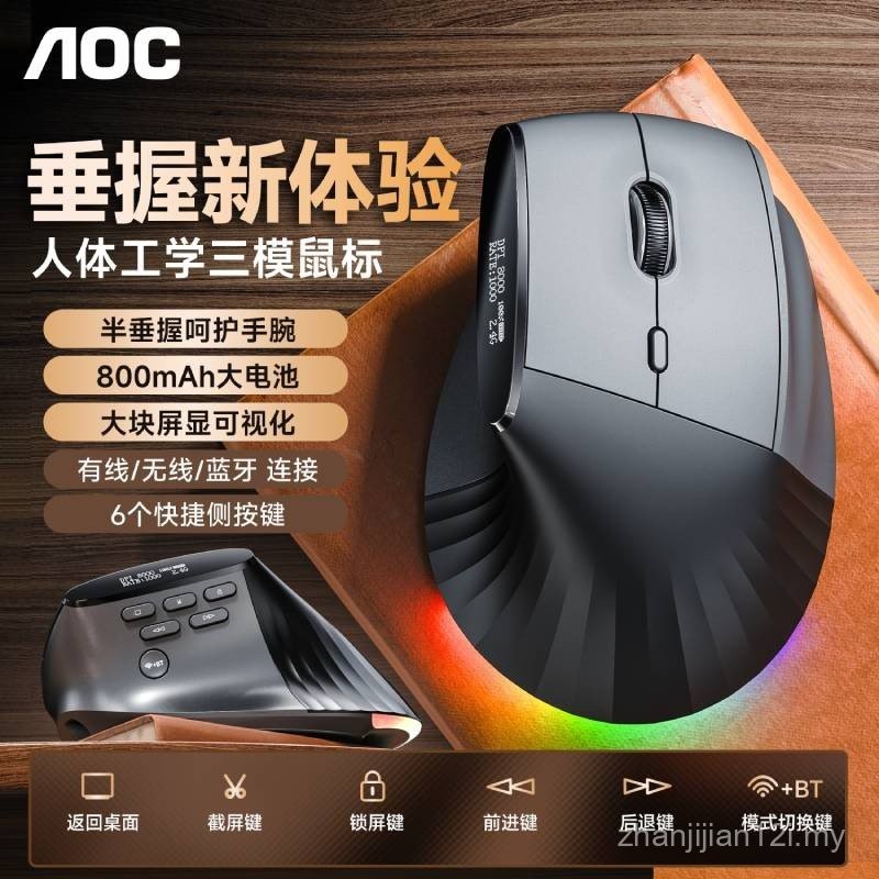 AOC GM500 Semi-Vertical Mouse Wireless Bluetooth Three-Mode Ergonomic ...