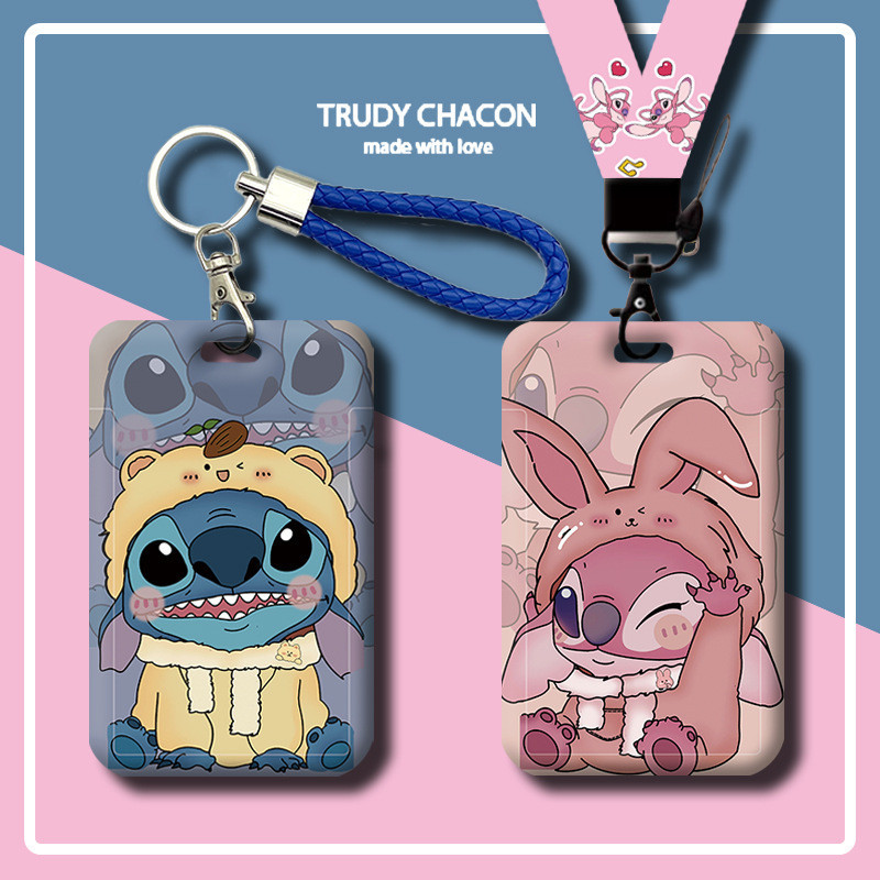 Cute Anime Stitch ABS Plastic Hard Slide Card Holder Angel Long Lanyard ...