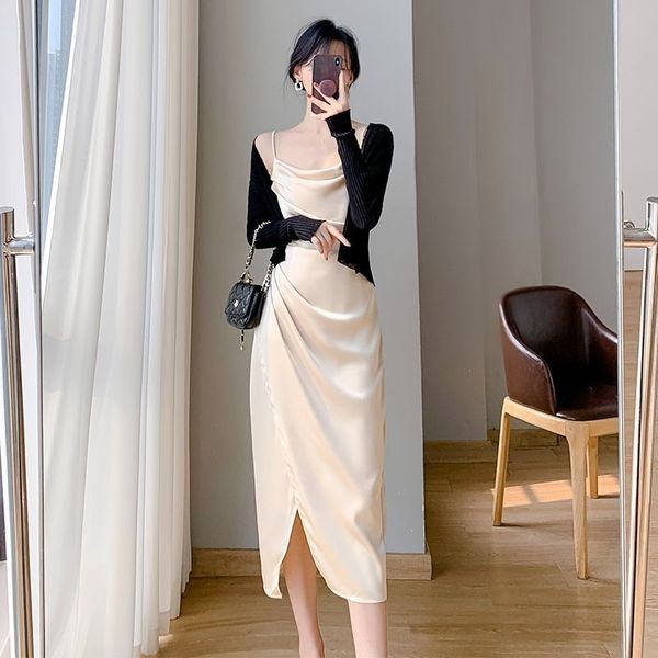 satin dress dress size plus dress korean style Kolar ayunan Perancis asetat satin slip dress perangai musim panas wanita selebriti skirt celah sut dua helai Shopee Malaysia