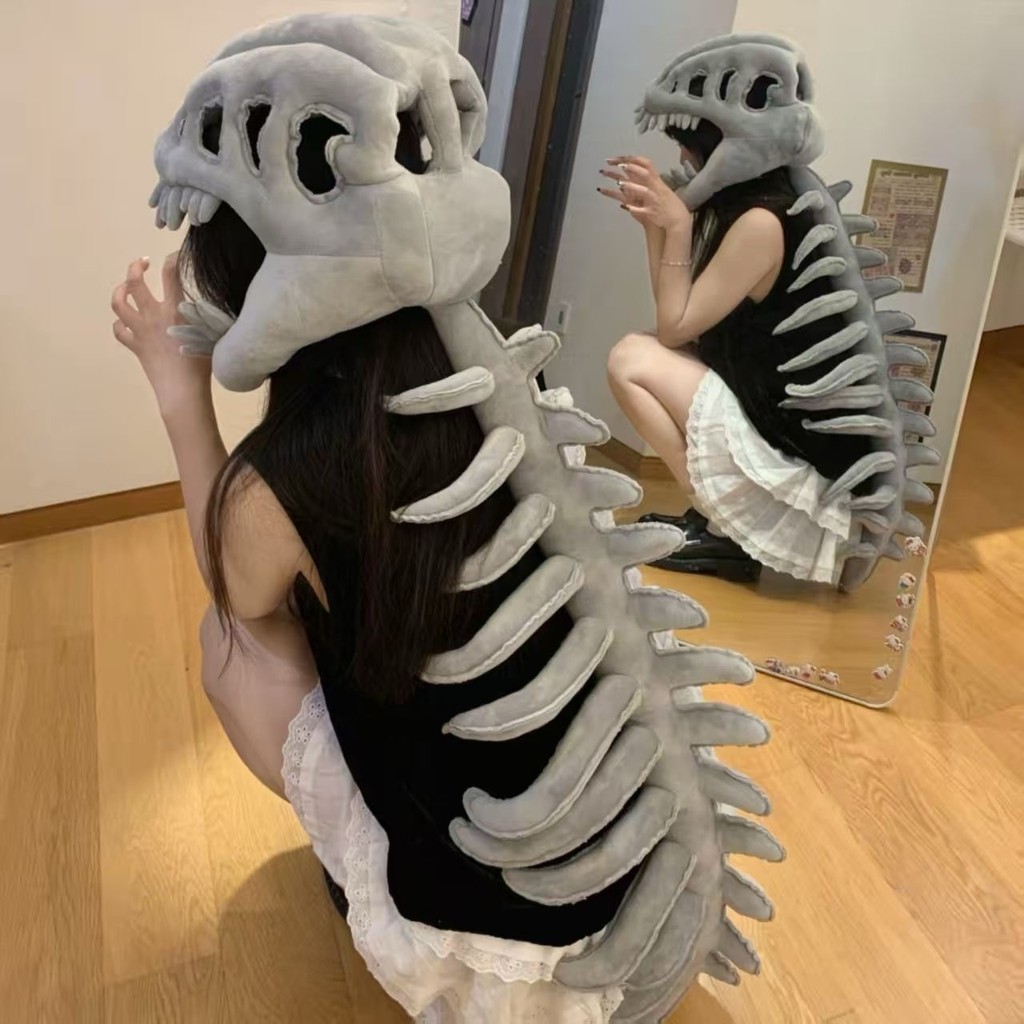 WANWEN Spinosaurus Plush Dino Outfit, Dinosaur Skeleton Plush Costume, Halloween Fun 3d Realistic Dinosaur Costume Toy, Funny Skeleton Headgear Hat