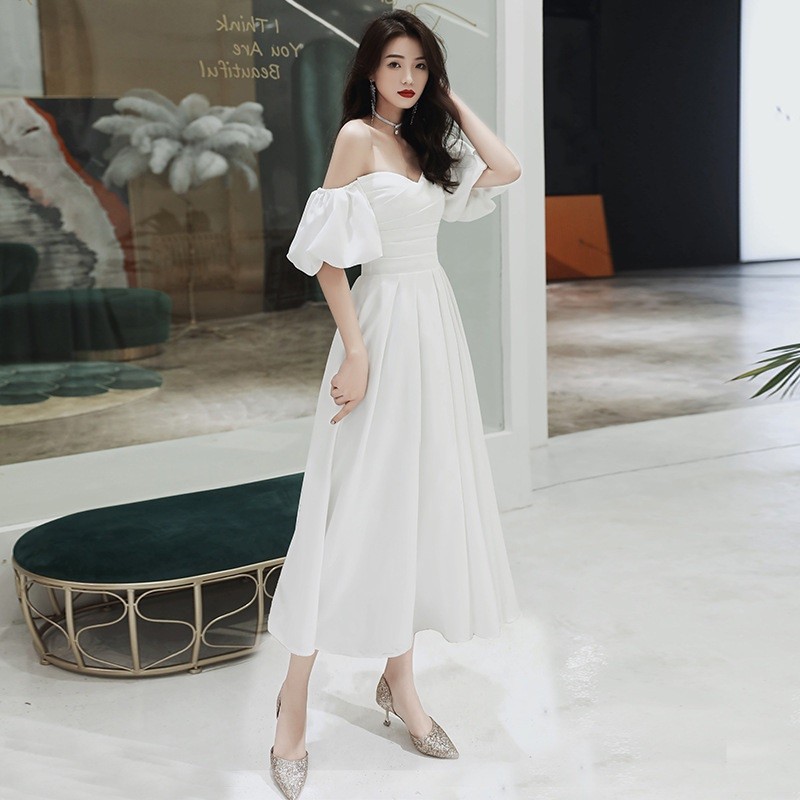 White Wedding Bride Evening Dress 2024 New Simple Off shoulder Long Slim A line Dresses Annual Dinner Wedding Party Gown Shopee Malaysia