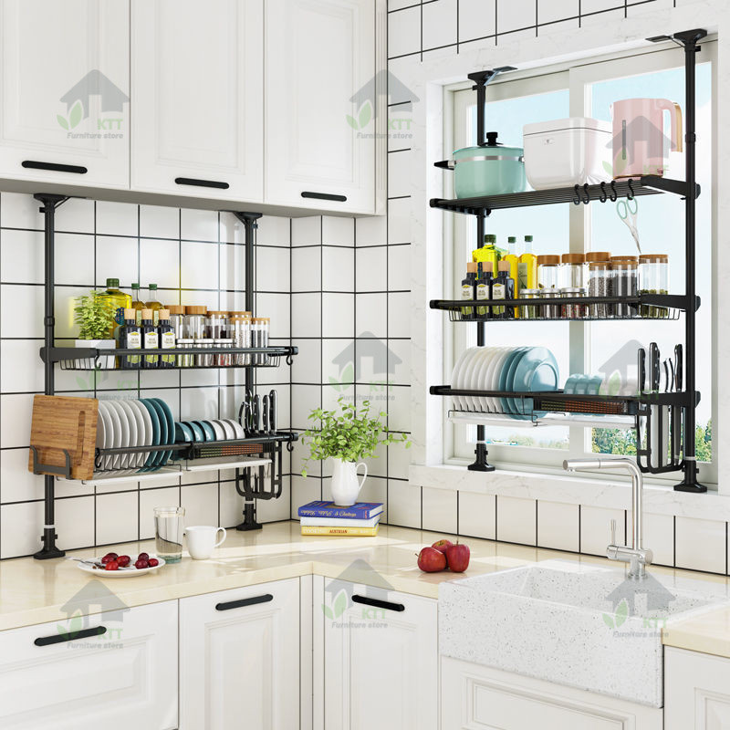 Kitchen Storage Rack Floor-to-Ceiling Spice Rack Draining Bowl Rack ...