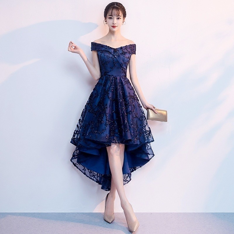 Elegant Women's Banquet Evening Dress Temperament Off-shoulder Host  Performance Dresses Simple Short Front Long Back Cocktail Dresses | Shopee  Malaysia
