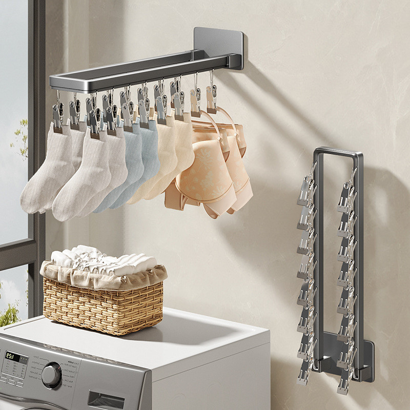 Multi-Clip Folding Clothes Drying Rack Wall Mounted Bathroom