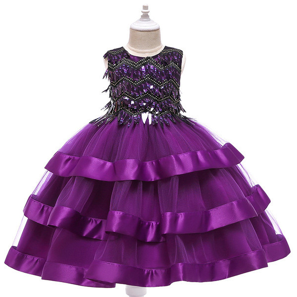 Ready Stock gaun budak perempuan baju raya baby girl ins new girl dress skirt flower children s skirt solid color sequin mesh dress cross border delivery in Europe and the Un Shopee