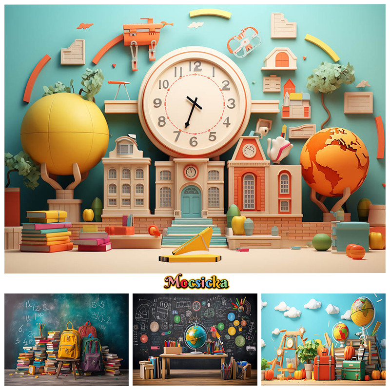 Back To School Backdrop For Photography Bag Globe Blackboard Clock ...