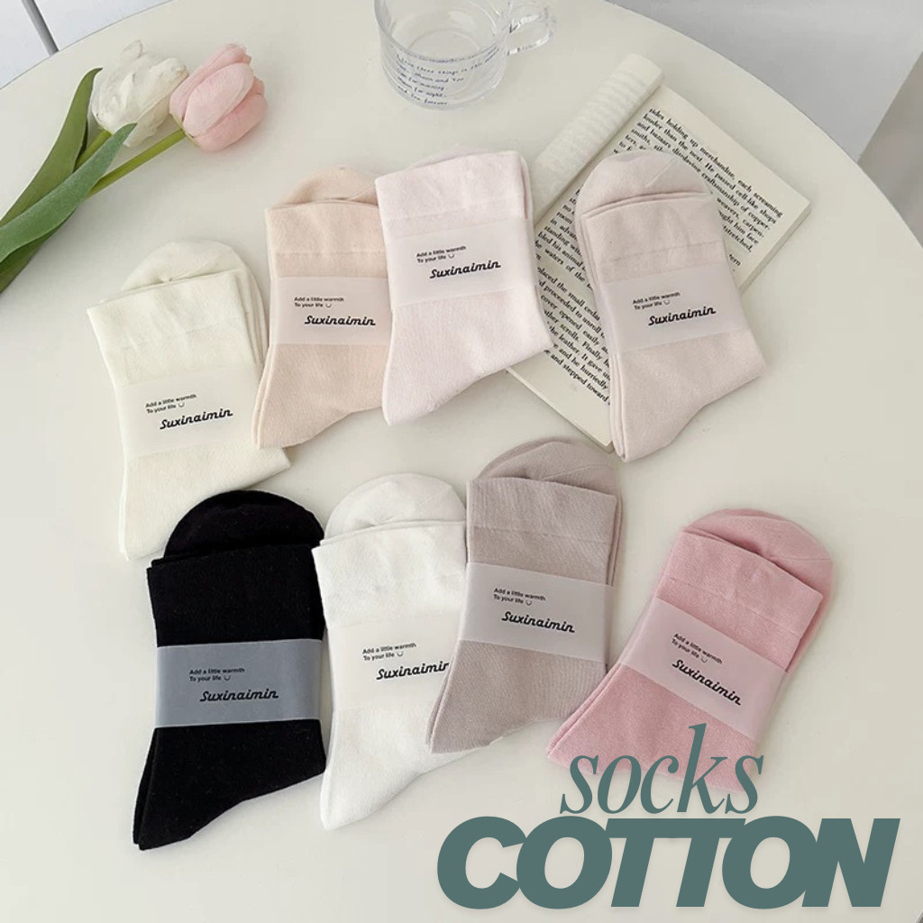 Quality Korean Style Mid Tube Plain Color Cotton Crew Socks Candy Color ...