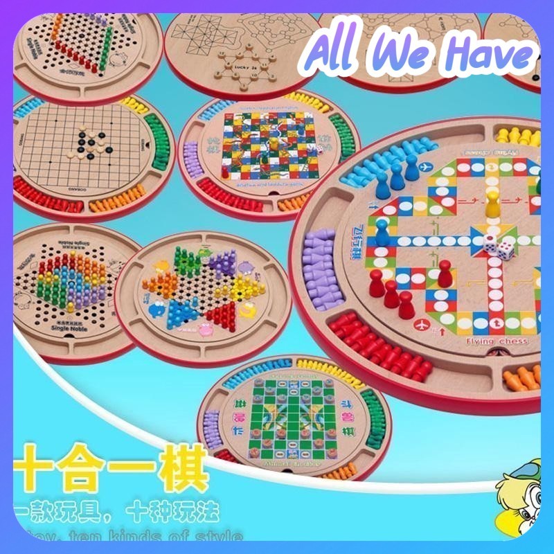 (10 GAMES IN ONE) Multi-functional Chess Children Wooden Checkers ...