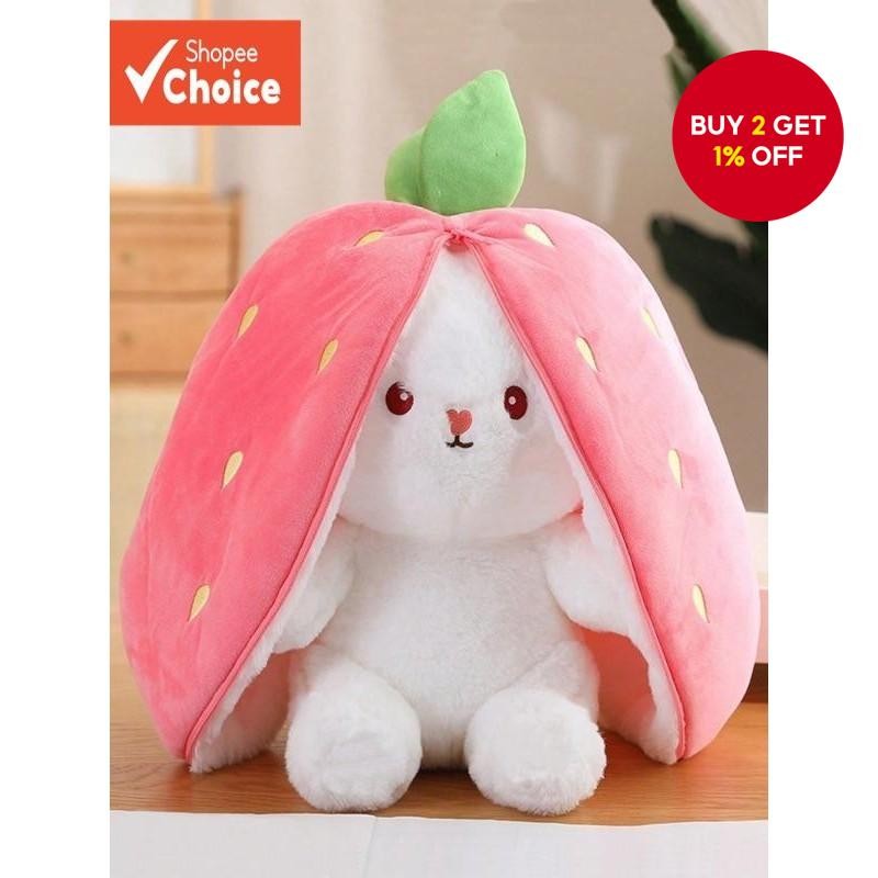2 in 1 Cute Strawberry Rabbit Reversible Plush Toy Cute Bunny Long Ear ...