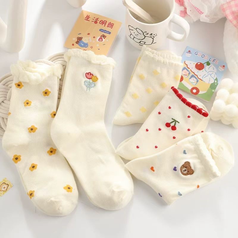 Lace Women's Socks Mid-Tube Spring Autumn Pure Cotton Cute Japanese ins ...