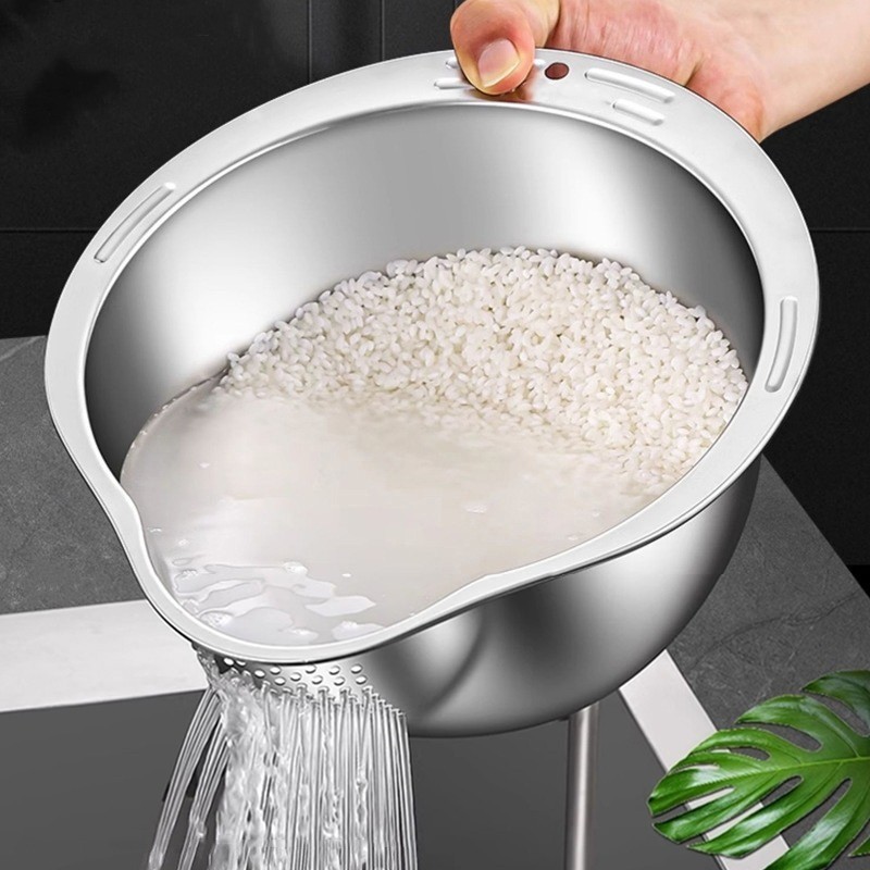 Stainless Steel Rice Washing Bowl with Hook - Rice Washing Filter ...