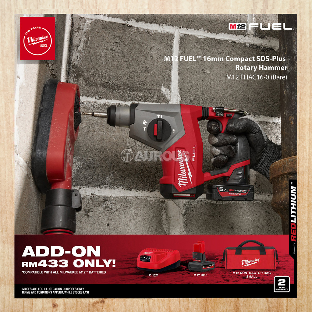 MILWAUKEE M12 FUEL 16MM COMPACT SDS-PLUS ROTARY HAMMER M12 FHAC16-0 ...