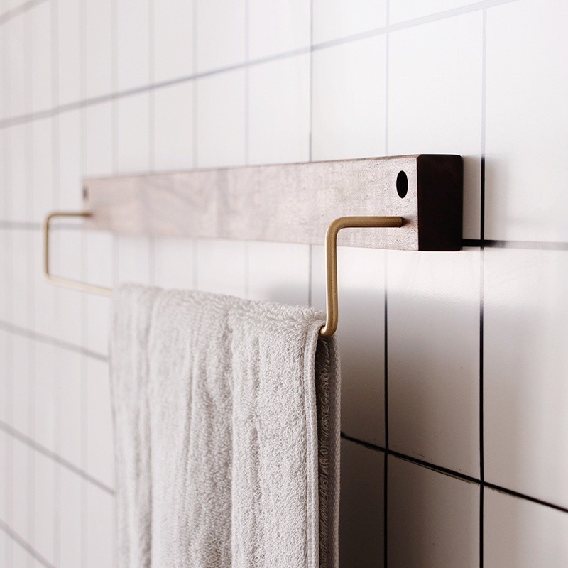 Nordic Black Walnut Solid Wood Brass Toilet Hanging Towel Rack Japanese ...