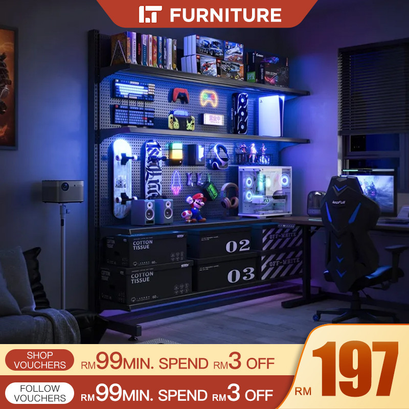 Standing Pegboard Gaming Room Setup Accessories Adjustable Book Shelf ...