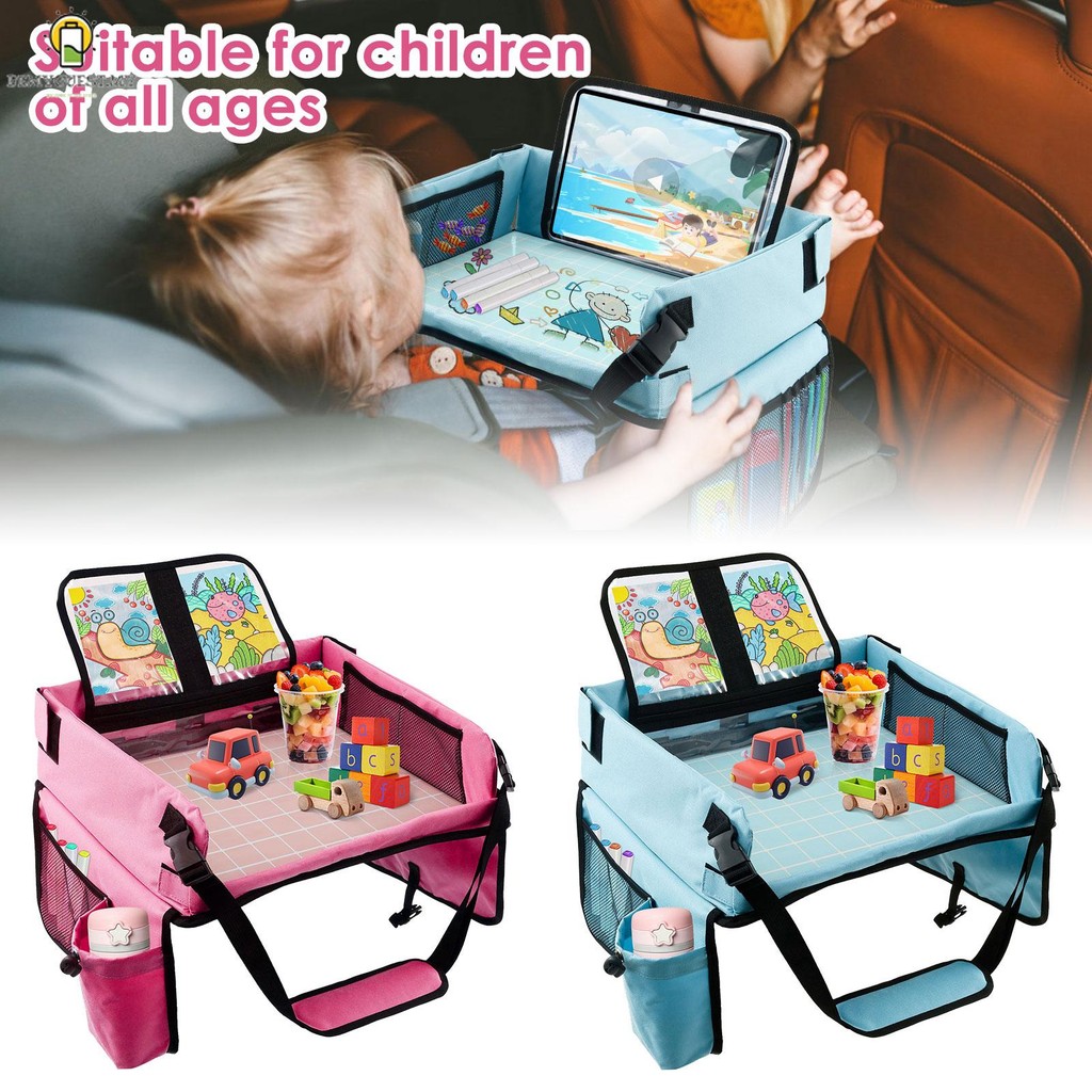 Portable Foldable Kid Car Seat Desk Travel Tray - With Mesh Pockets, Soft Padding, Waterproof, Adjustable Straps For Car Seats & Strollers