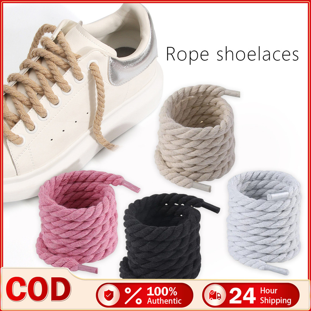 1Pair Hemp Rope Shoelaces Fashionable Wide Round Shoe Laces White/Black ...