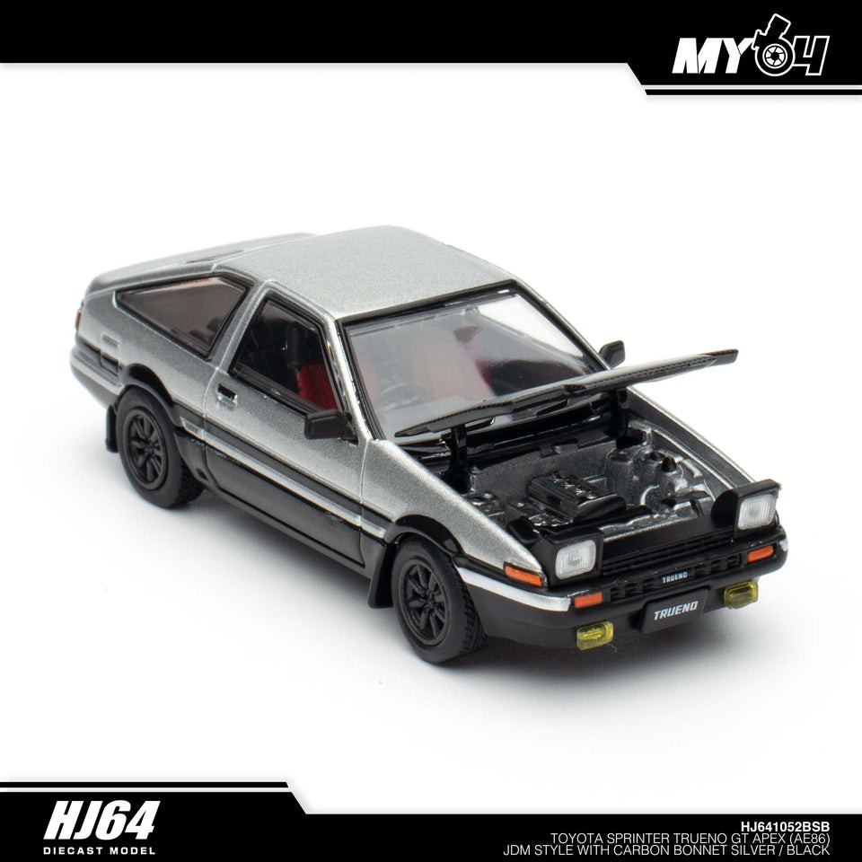 1/64 Toyota Sprinter Trueno GT APEX (AE86) Die-Cast Model - Carbon Hood, Silver/Black, With Display Case