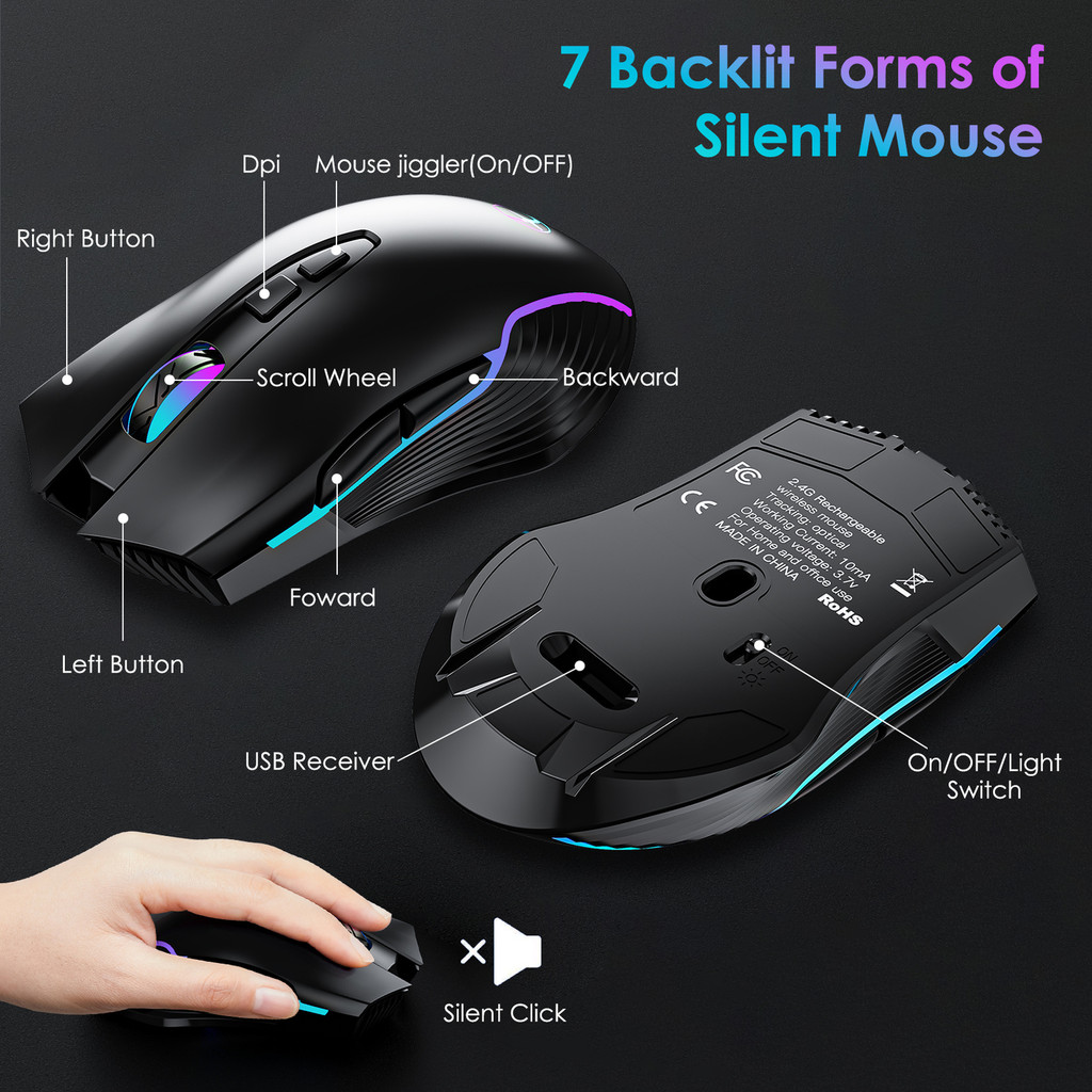 2.4G Wireless Keyboard and Mouse Set Full Size Rechargeable 7 Colors ...