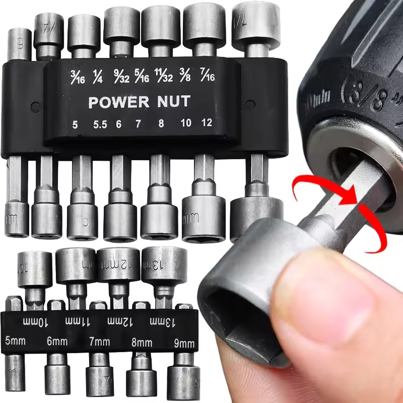 9/14PCS 5mm-13mm Hex Sockets Sleeve Nozzles Nut Driver Set Driver Drill ...
