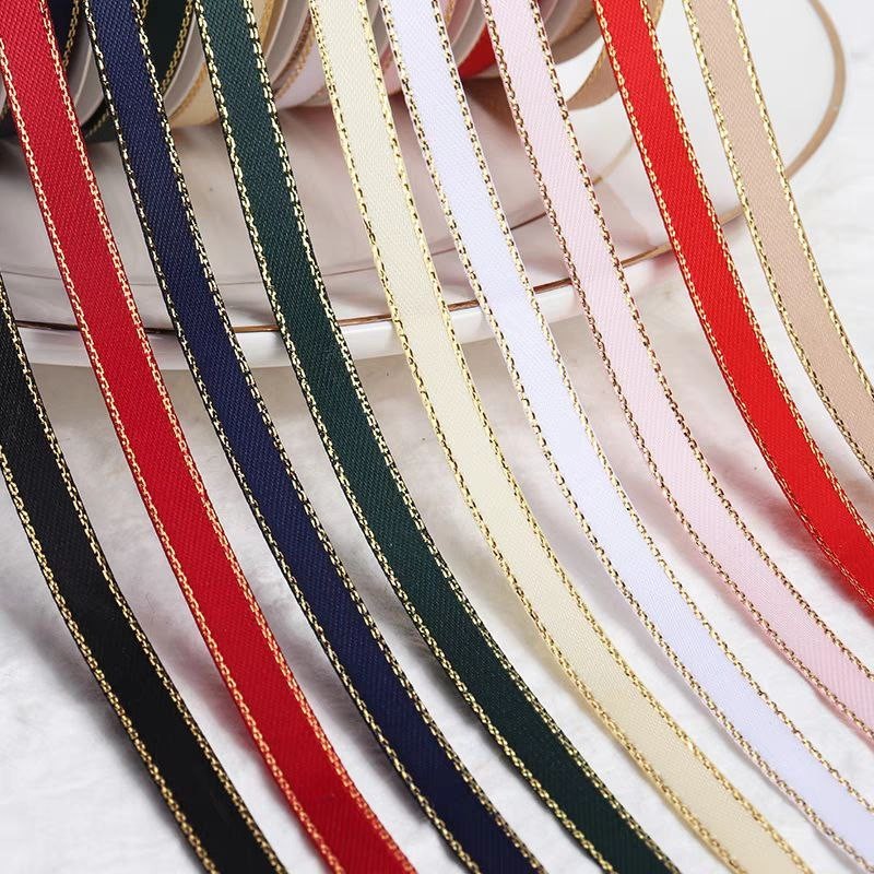 (5 Meter) 0.9 cm Gold Metallic Line Satin Ribbon 5 Meter Premium ...