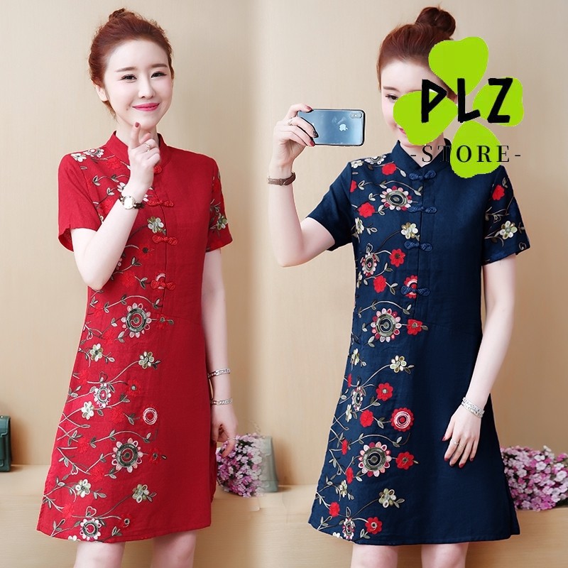 CNY 4XL Big Size Embroidery Linen Cheongsam Chinese Dinner Plus Size Midi Dress Clothes Shopee Malaysia