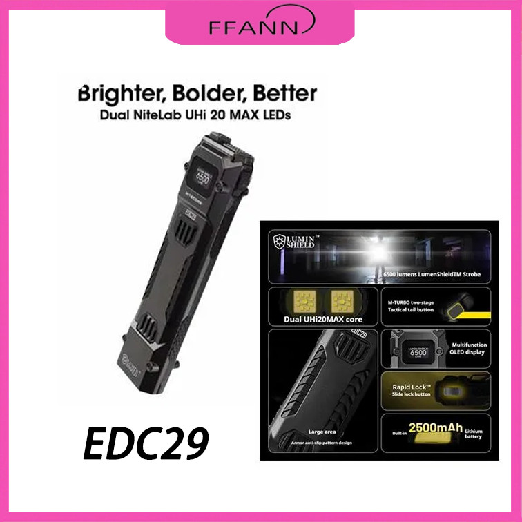 Lampe Torche Tactique NITECORE EDC29 - 6500 Lumens Ultra Fine USB-C Rechargeable - Noire, Pour EDC