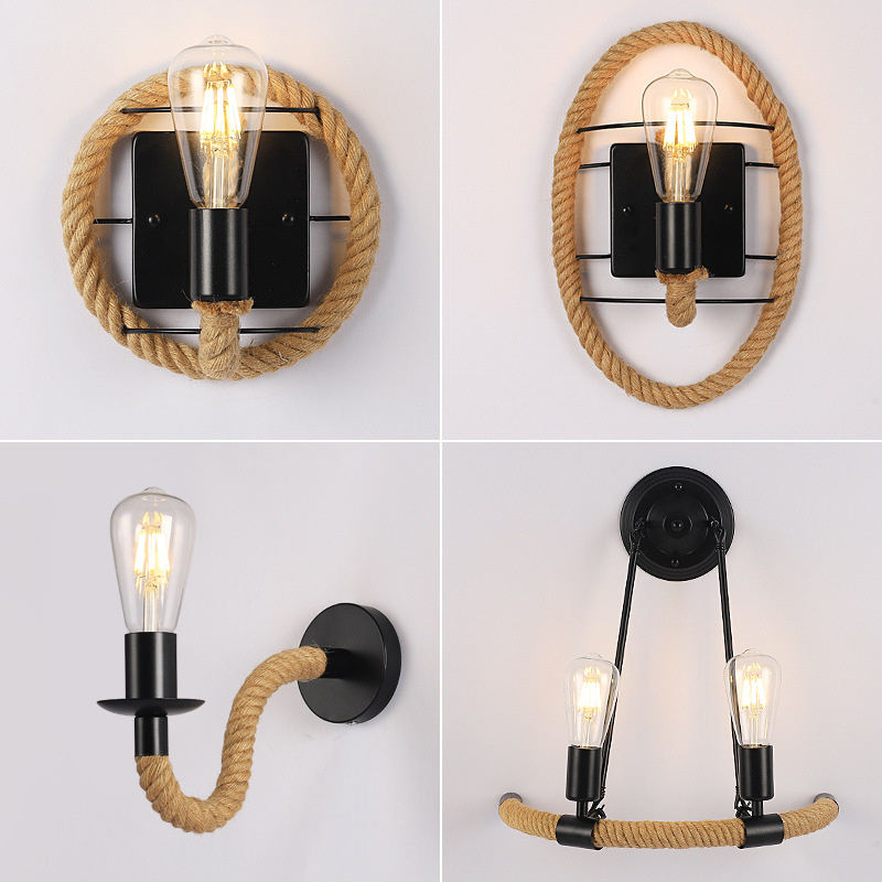 American Hemp Rope Wall Light Retro Industrial Style Bedroom Bedside ...