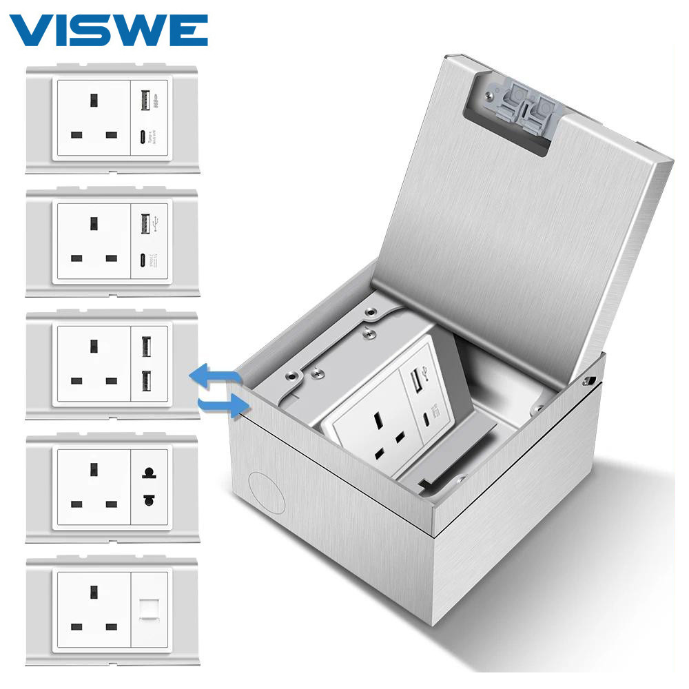 VISWE Recessed Floor Socket Single Row UK Socket with USB/2-Pin/Cat6 ...