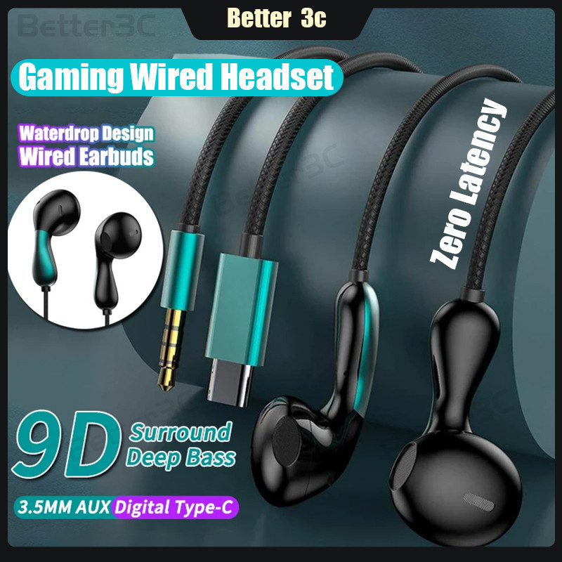 3.5MM AUX Type C Headsets Digital Chip 9D HIFI Wired Earbuds Heavy Bass ...