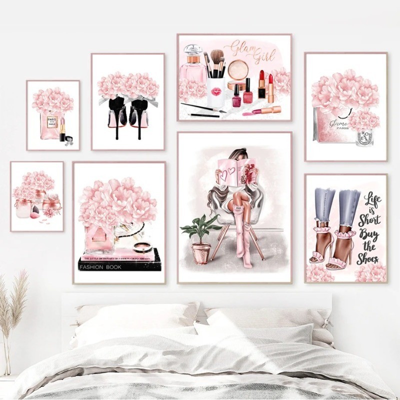 Pink Flower Paris Fashion Girl Art Canvas Painting Nordic Posters ...