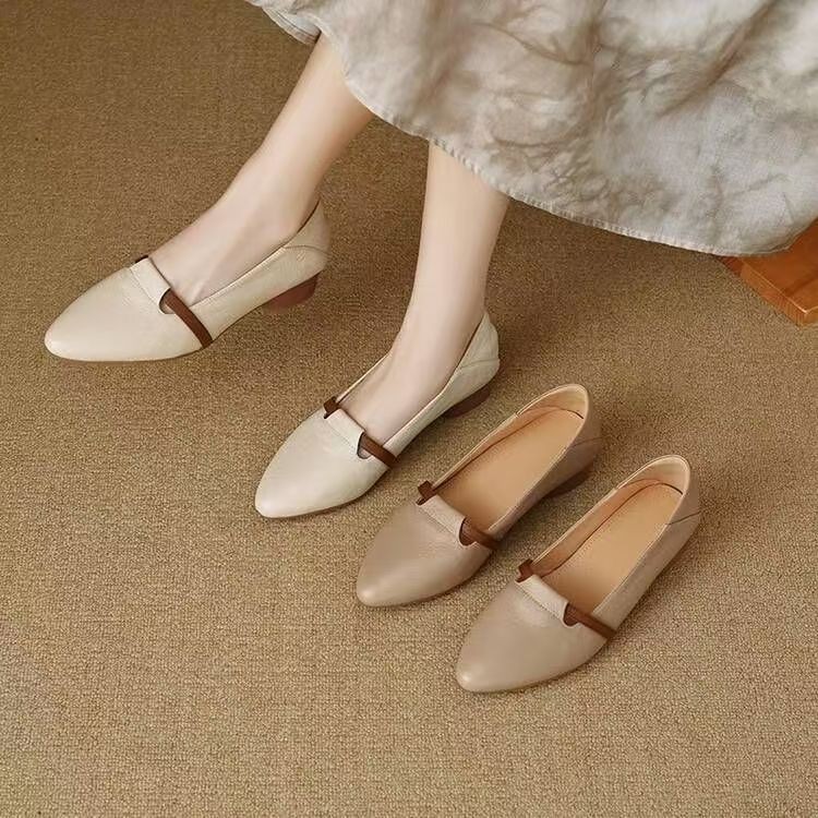 Women Flat Shoes Fashion Pointed Toe Versatile Work Square Heel