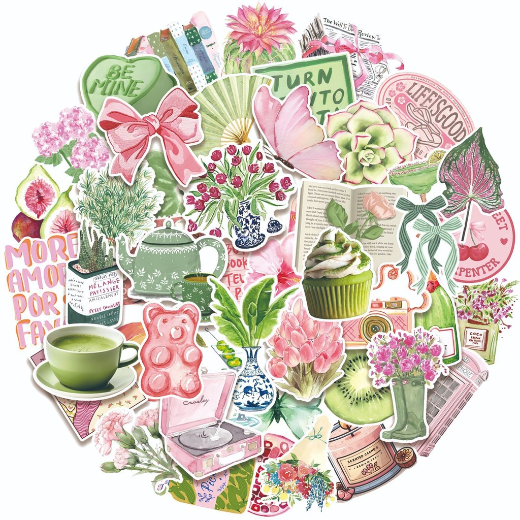 50Pcs/Set Matcha Series 02 Pink Green Stickers Waterproof DIY Fashion ...