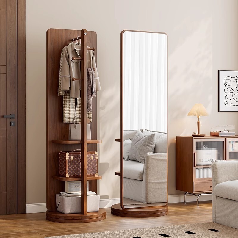 Wooden Rotating Full-Length Dressing Mirror with Storage Shelves, Coat ...