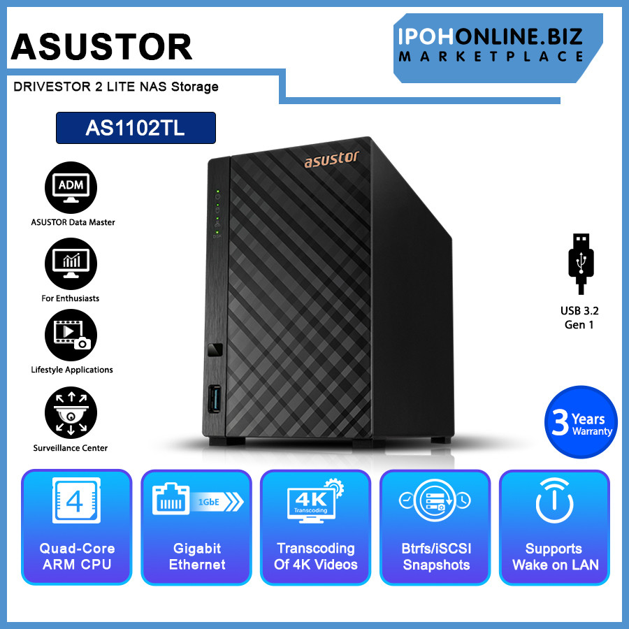 ASUSTOR DRIVESTOR 2 LITE AS1102TL QC1.7GHZ/1GB DDR4 /2 BAY/1GbE Port/2 ...