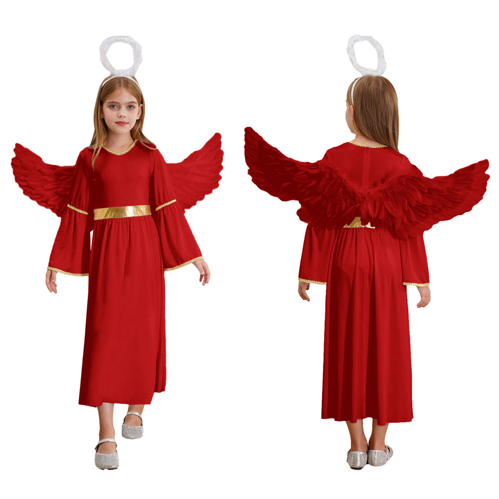 zz - #6-16 3Pcs Girls Angel Costume Angel Dress Long Sleeve Gold Trim ...