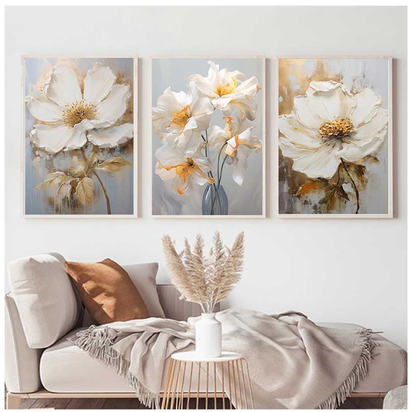 (With Frame) Abstract White Gold Flowers Canvas Modern Nordic Plant ...