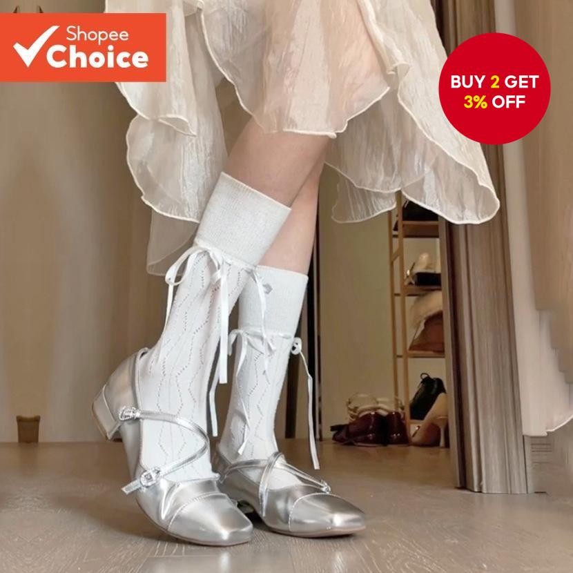 Spring Summer Ribbon Laced-Up Bow Mid-Tube Socks Female Ballet Style ...