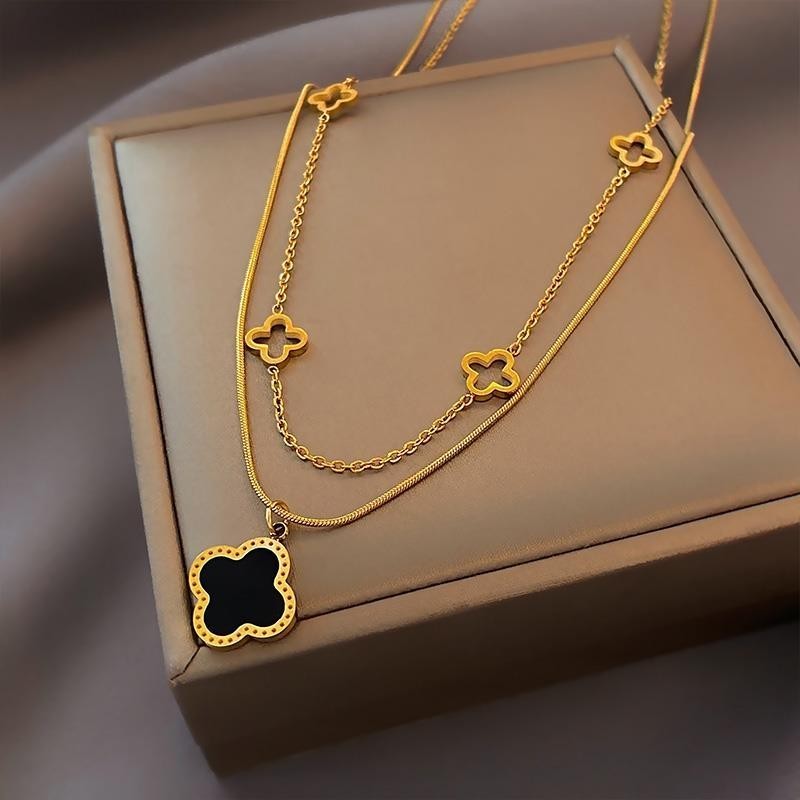 Double-layer Four-Leaf Clover Necklace Female Titanium Steel All-Match ...