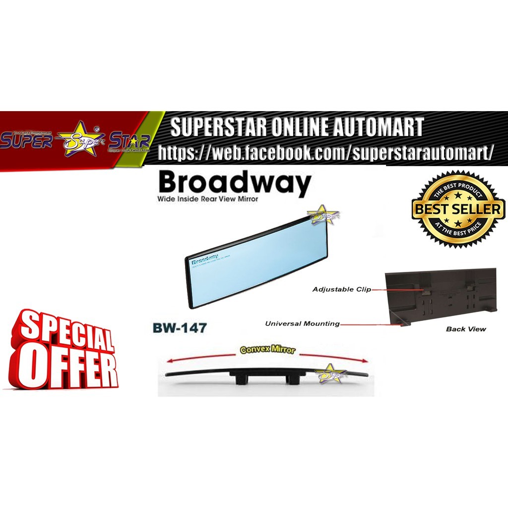Broadway BW-147 300mm x 65mm Blue Screen Convex Wide Car Rear View ...