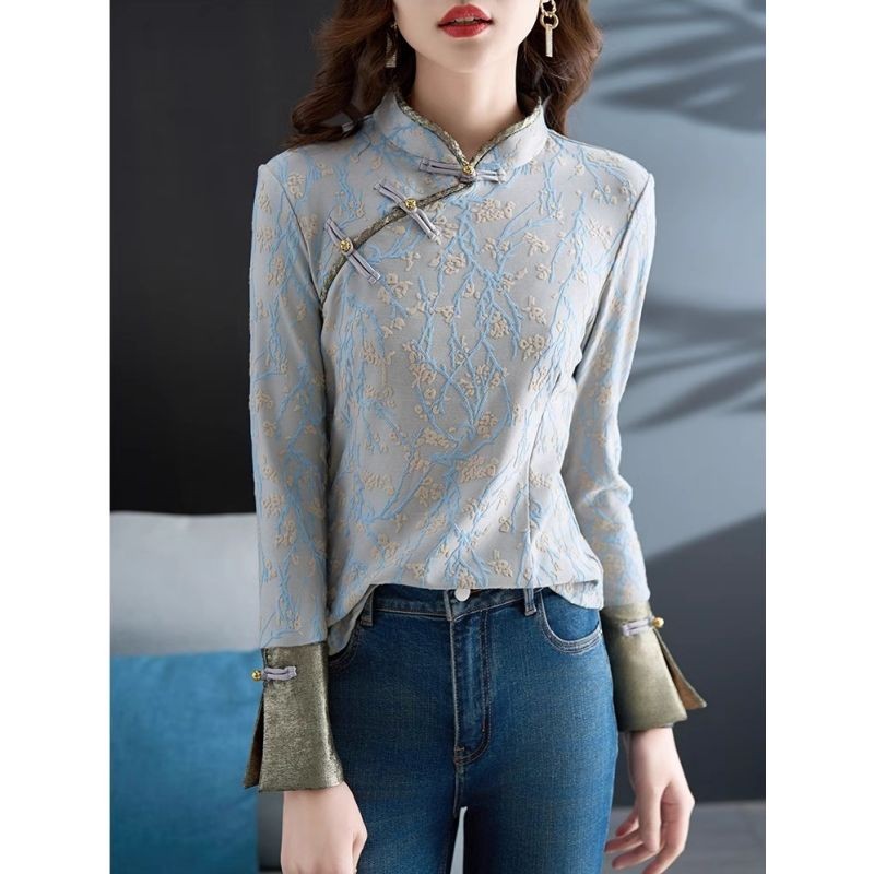 Loose stand collar Chinese Button clothes For Women Sleeve denim light blue shirts