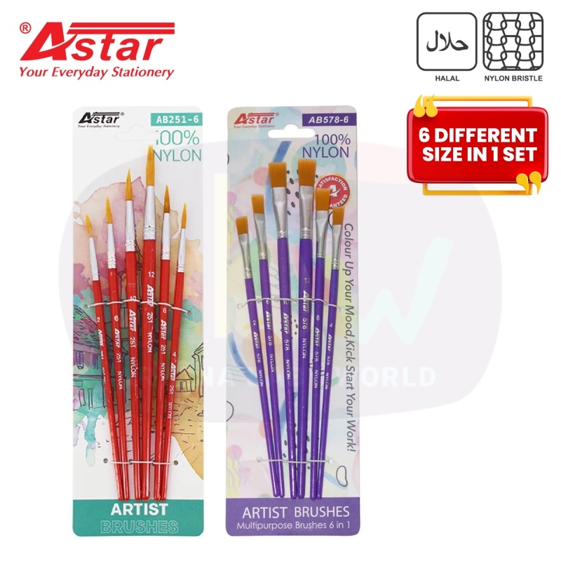 (6 in 1 ) ASTAR Set 6 in 1 Artist Nylon Paint Brushes Watercolor Brush