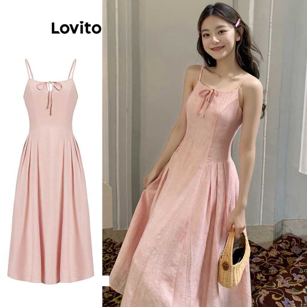 Lovito Elegant Plain Lace Up Plicated Dress For Women L Ed Shopee