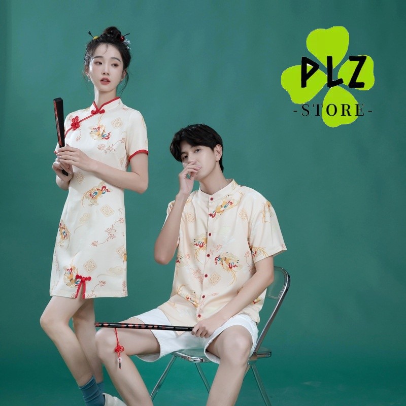 wq Couple Wear Cheongsam Chinese Style Couple Wear Large Size Cheongsam Split Design Simple Style Stand Up Collar Shirt Design Irregular Printing Shopee Malaysia