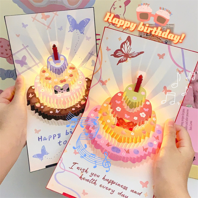 3D Butterfly Light Music Birthday Card Pop Up Cake Creative Greeting ...