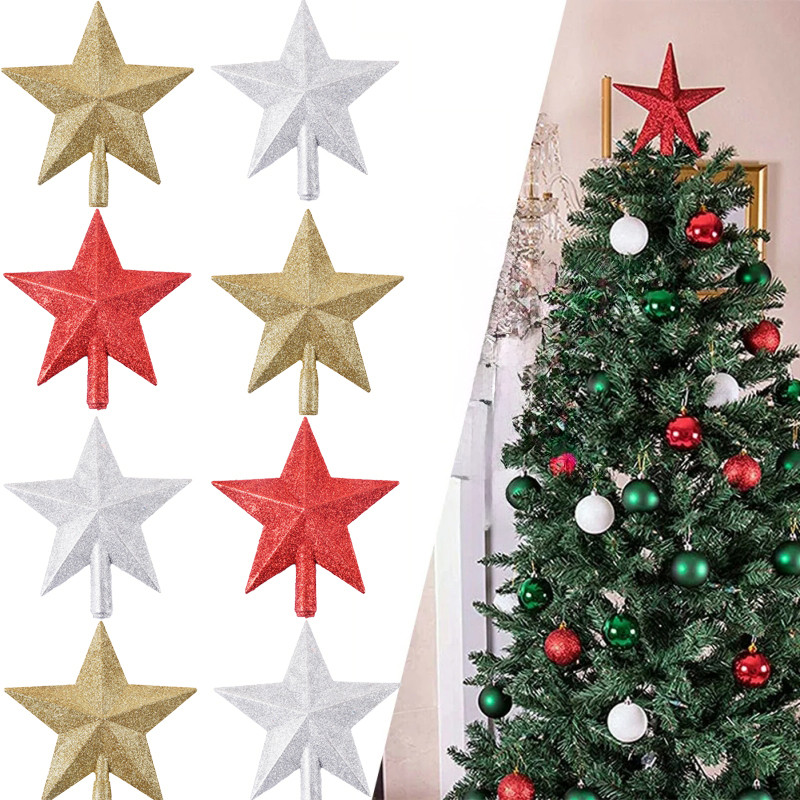 Christmas Tree Topper Star Gold Glitter Iron Red Sliver Stars Merry ...