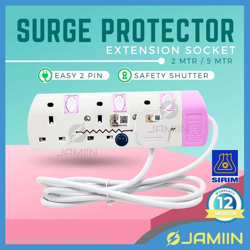 SIRIM 2/5MTR SAYANG PINK Trailing Socket Plug Penyambung Wayar Surge ...
