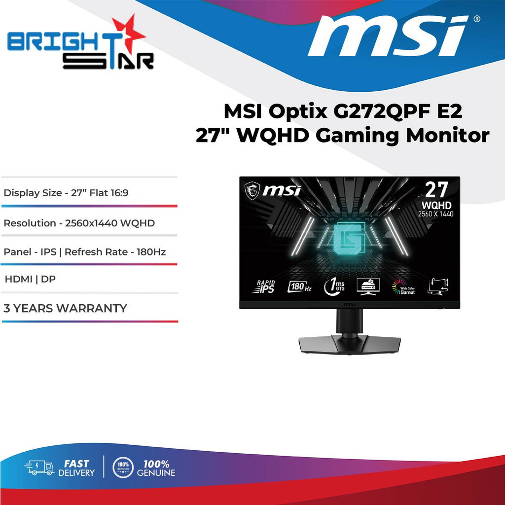 MSI Optix G272QPF E2 27" WQHD Gaming Monitor - IPS/180Hz/1ms/HDMI/DP ...