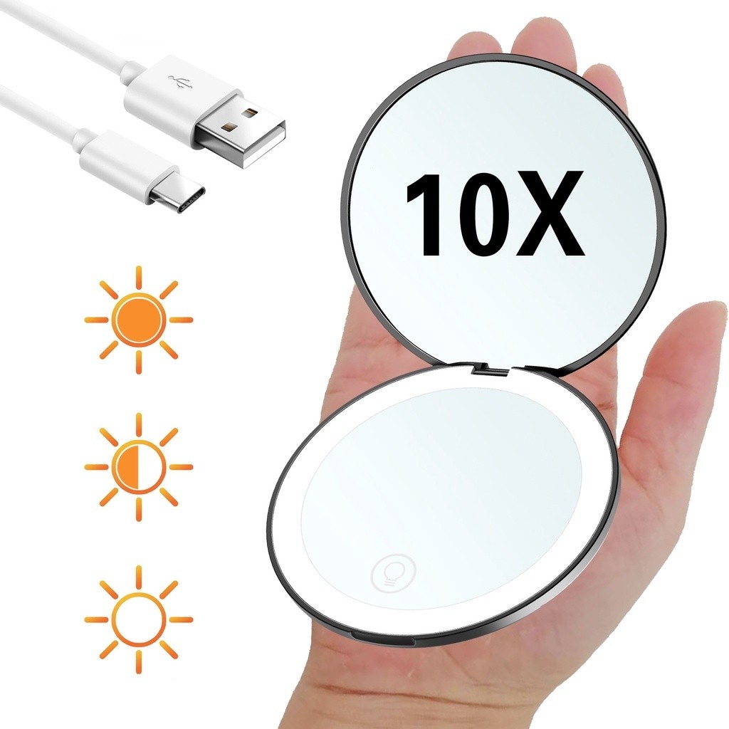 Mini Portable Folding Travel Pocket Makeup Mirror With Led Light Round ...