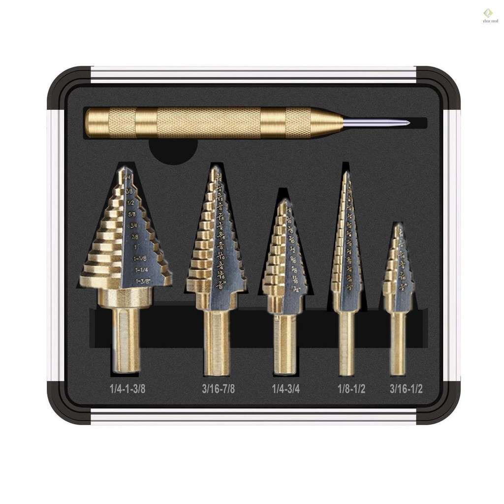 HSS 5PCS Titanium Step Drill Bit Set with Automatic Center Punch High ...