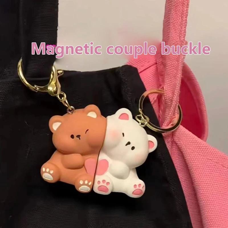 1Pair Cute Cartoon Love Bear Magnetic Suction Keychain Pendant Creative ...